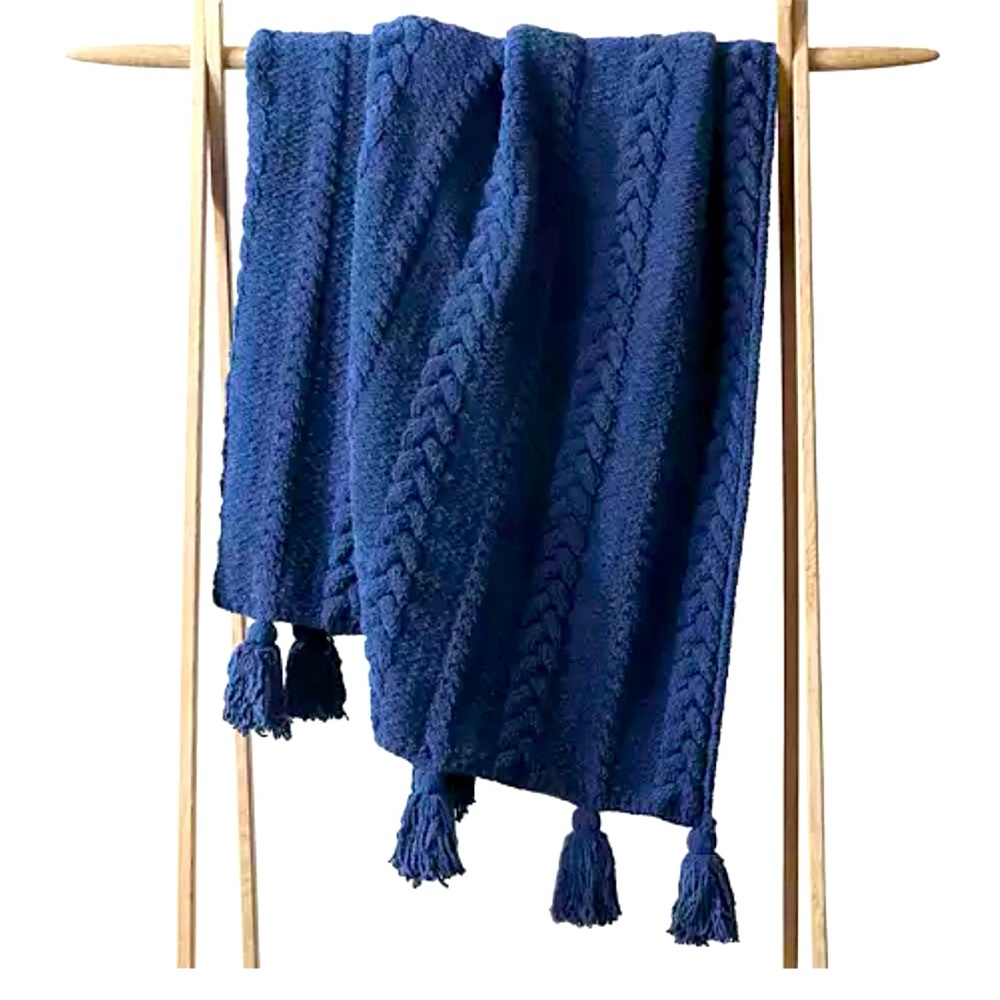 NWT Anthropologie Sunday Citizen Braided Pom Pom throw in NAVY